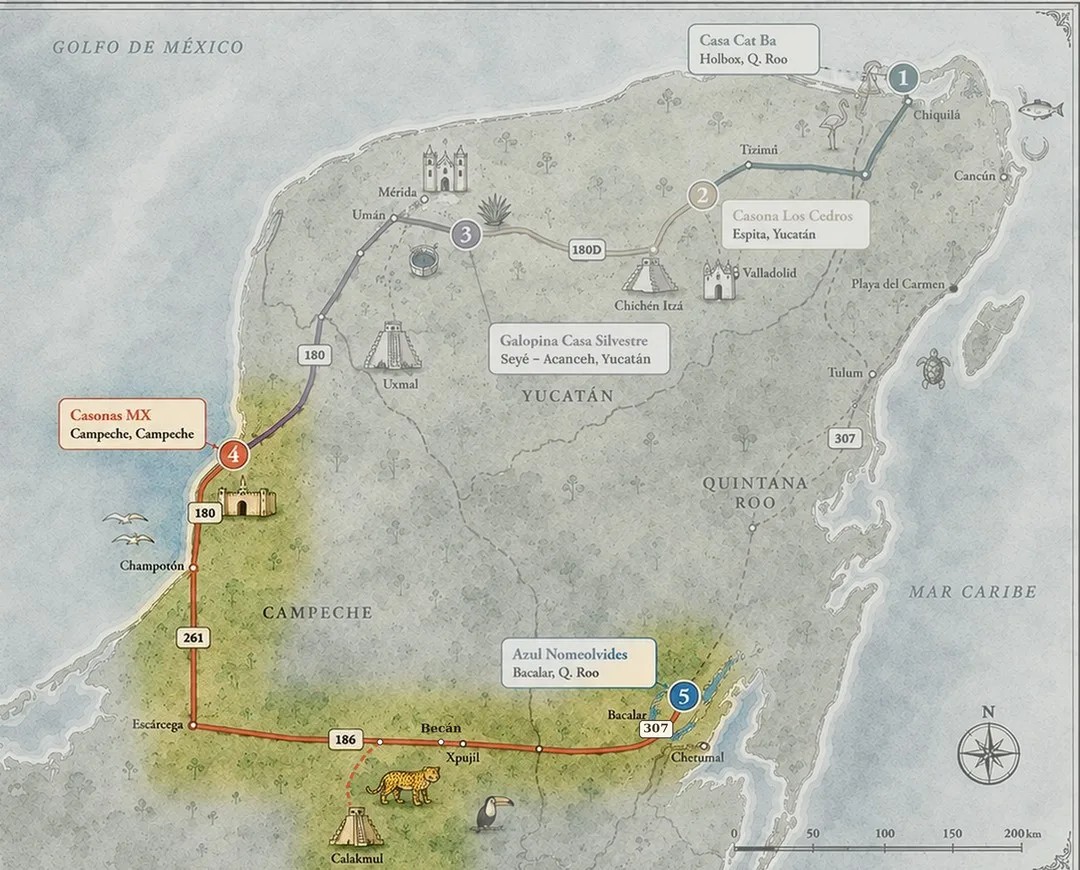 Mapa ilustrado de la península de Yucatán con la ruta de Campeche a Bacalar por las carreteras 180, 261, 186 y 307, Becán y el acceso opcional a Calakmul