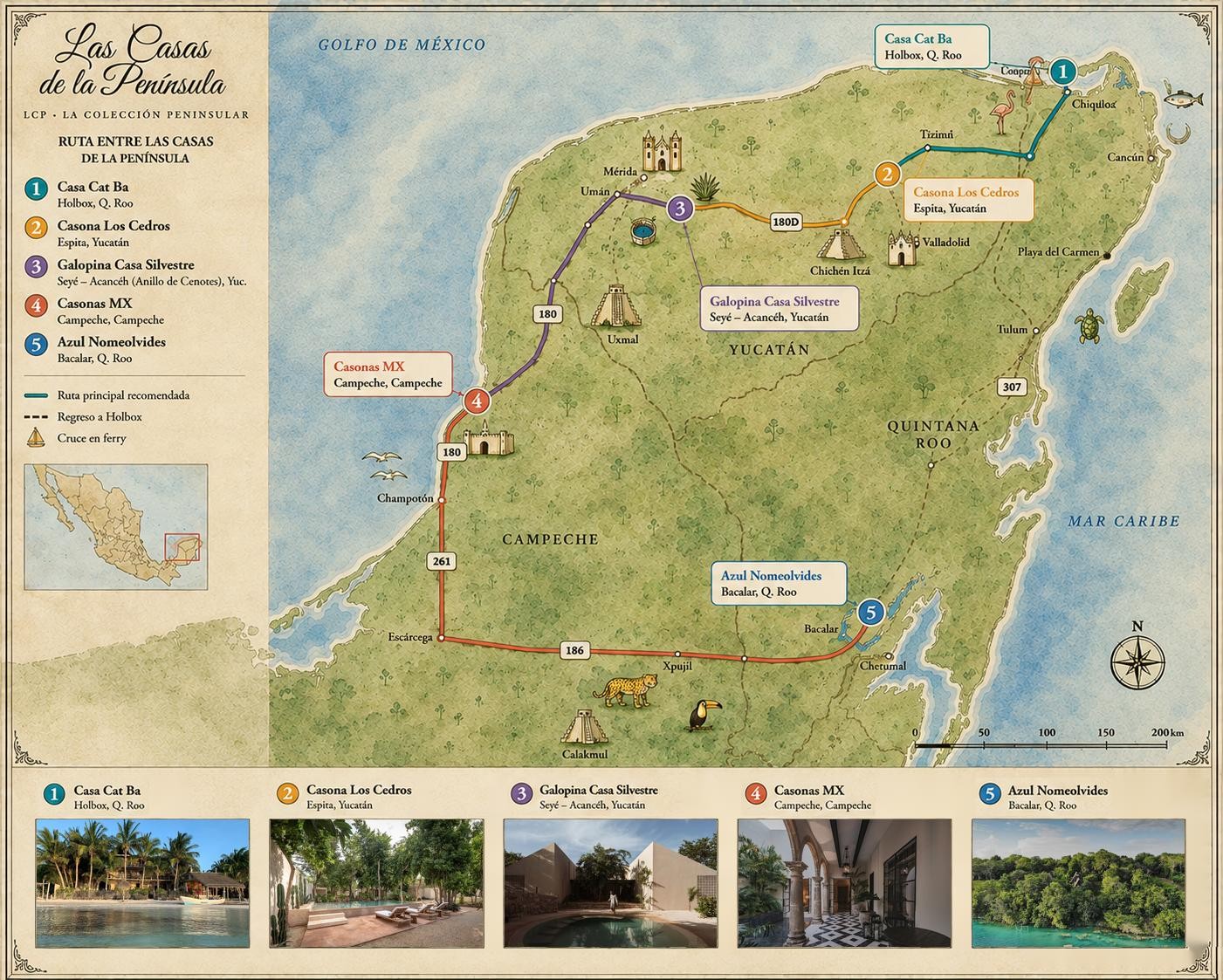 Mapa ilustrado de la península de Yucatán con las cinco casas de Las Casas de la Península: Holbox, Espita, Seyé, Campeche y Bacalar